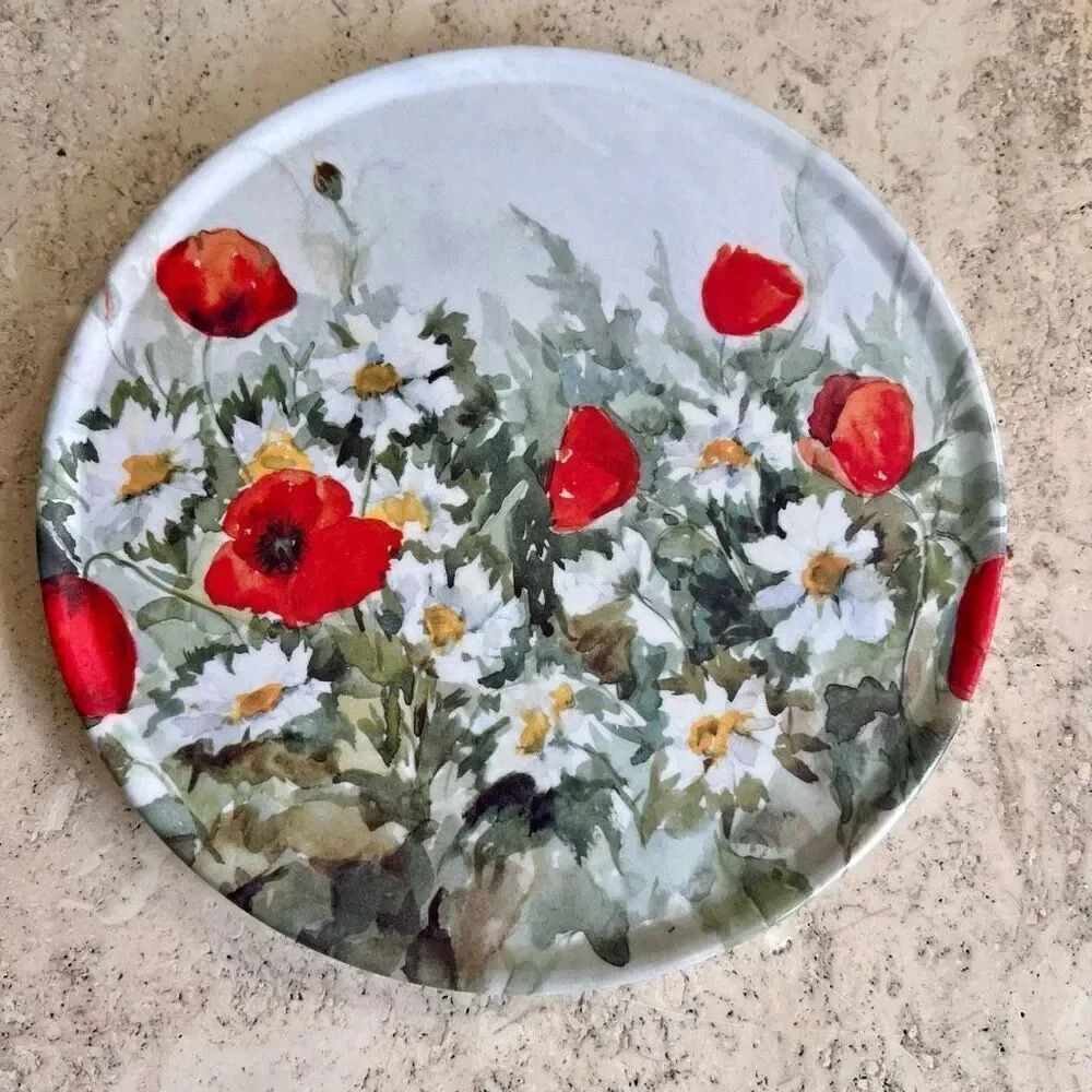 Vintage Poppy Daisy Floral Teapot Stand‎ Plate Kitchen Trivet Red White Melamine